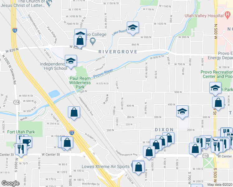 map of restaurants, bars, coffee shops, grocery stores, and more near 1271 500 North in Provo