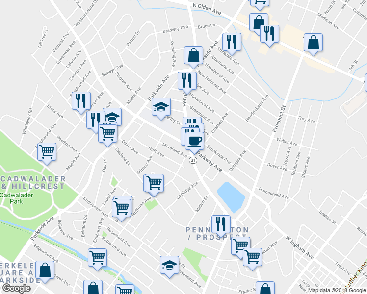 map of restaurants, bars, coffee shops, grocery stores, and more near 321 Parkway Avenue in Trenton