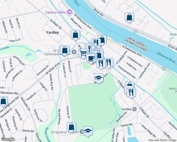 map of restaurants, bars, coffee shops, grocery stores, and more near 42 West College Avenue in Yardley