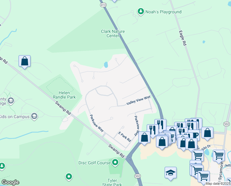 map of restaurants, bars, coffee shops, grocery stores, and more near 601 Parkview Way in Newtown