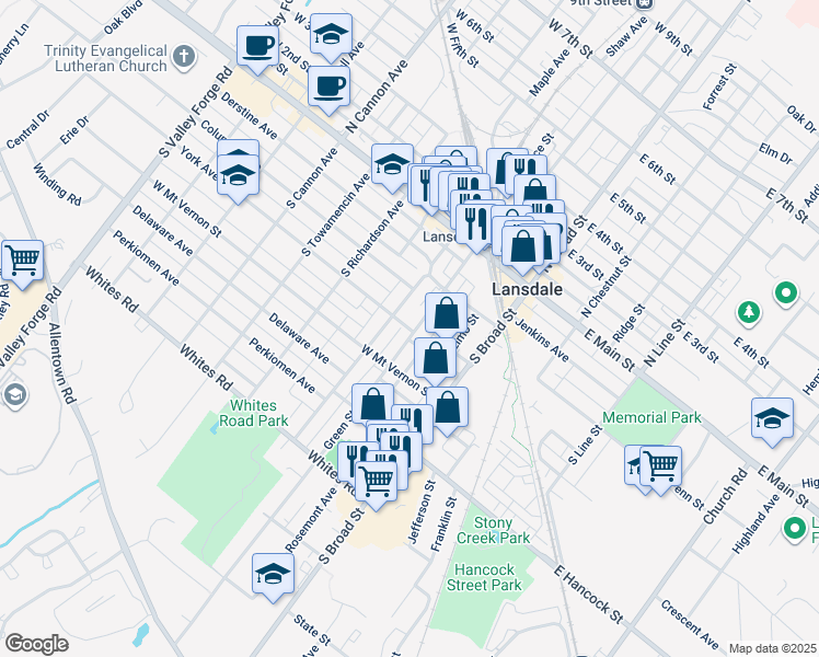 map of restaurants, bars, coffee shops, grocery stores, and more near 219 York Avenue in Lansdale