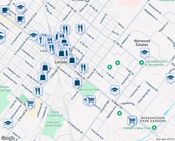 map of restaurants, bars, coffee shops, grocery stores, and more near 159 E 2nd St in Lansdale