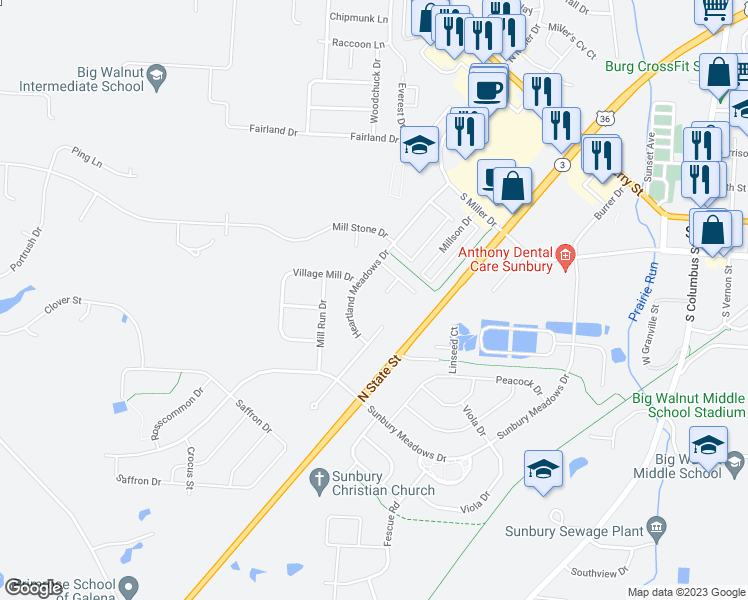 map of restaurants, bars, coffee shops, grocery stores, and more near 704 Windmill Court in Sunbury