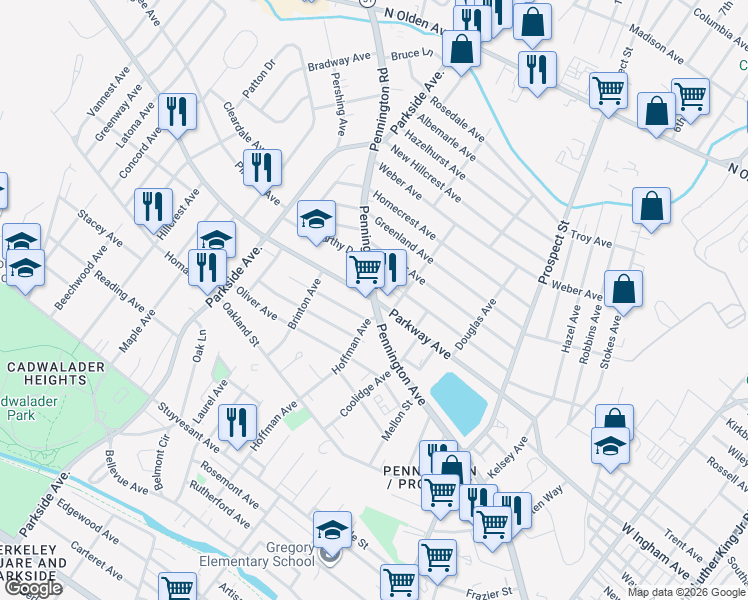 map of restaurants, bars, coffee shops, grocery stores, and more near 1000 Pennington Road in Trenton