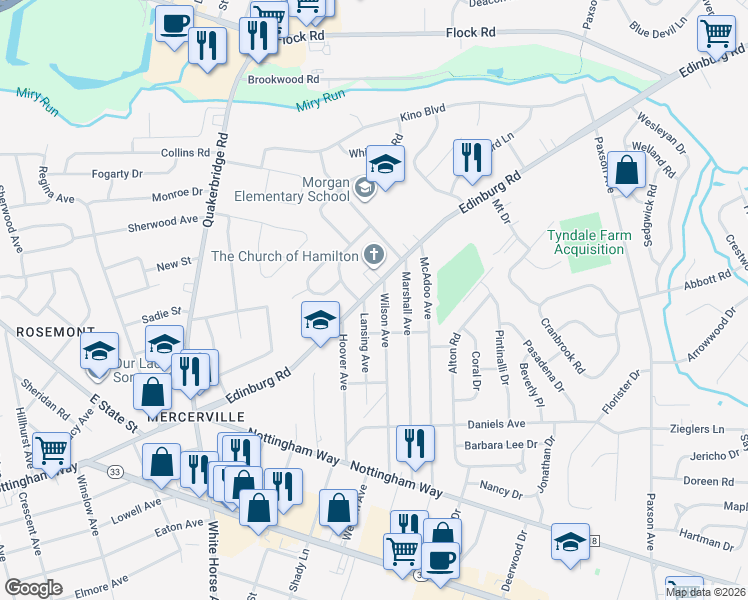 map of restaurants, bars, coffee shops, grocery stores, and more near 353 Edinburg Road in Hamilton Township