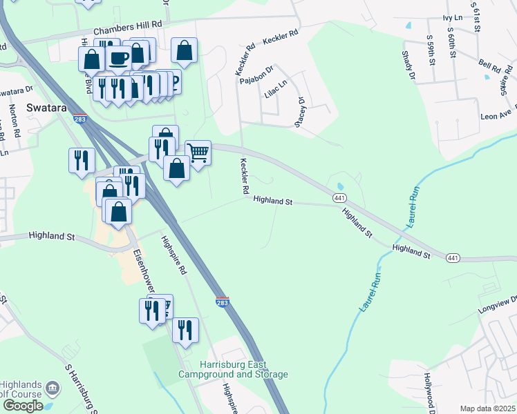 map of restaurants, bars, coffee shops, grocery stores, and more near 4921 Highland St in Harrisburg