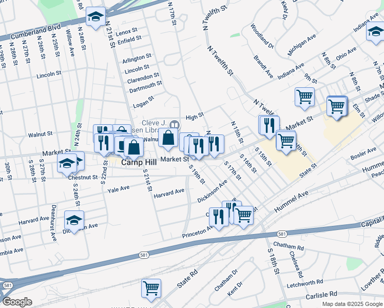 map of restaurants, bars, coffee shops, grocery stores, and more near 1822 Market St in Camp Hill