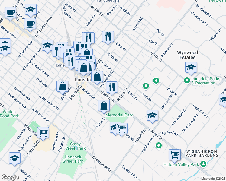 map of restaurants, bars, coffee shops, grocery stores, and more near 146 East 2nd Street in Lansdale