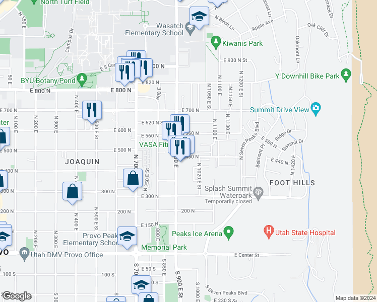 map of restaurants, bars, coffee shops, grocery stores, and more near 460 900 East in Provo