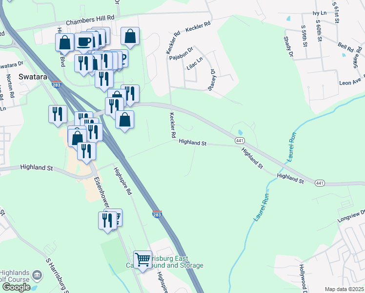 map of restaurants, bars, coffee shops, grocery stores, and more near 4921 Highland St in Harrisburg