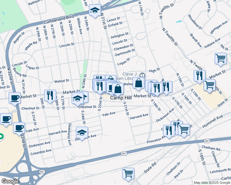 map of restaurants, bars, coffee shops, grocery stores, and more near in Camp Hill