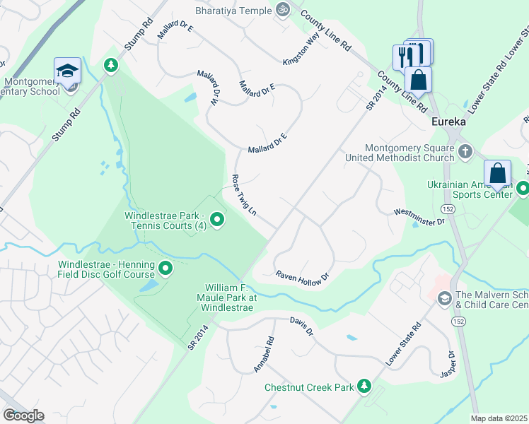 map of restaurants, bars, coffee shops, grocery stores, and more near 108 Rose Twig Lane in North Wales