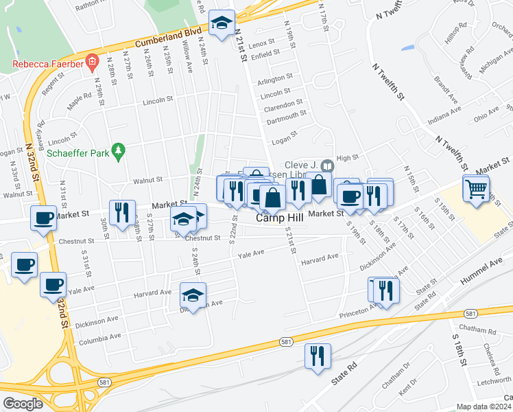 map of restaurants, bars, coffee shops, grocery stores, and more near 2136 Market Street in Camp Hill