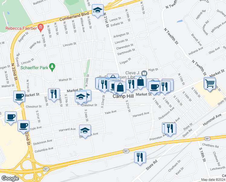 map of restaurants, bars, coffee shops, grocery stores, and more near 2138 Market Street in Camp Hill