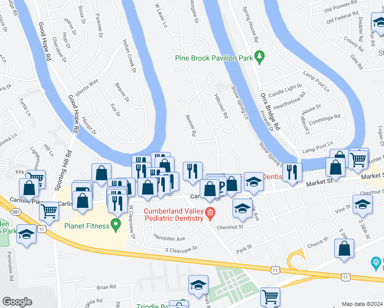 map of restaurants, bars, coffee shops, grocery stores, and more near 160 Reeser Road in Camp Hill