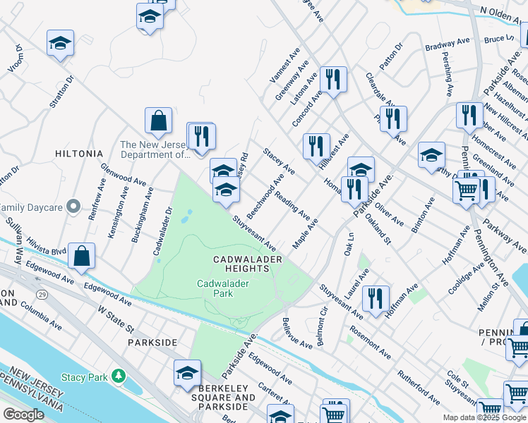 map of restaurants, bars, coffee shops, grocery stores, and more near 58 Beechwood Avenue in Trenton