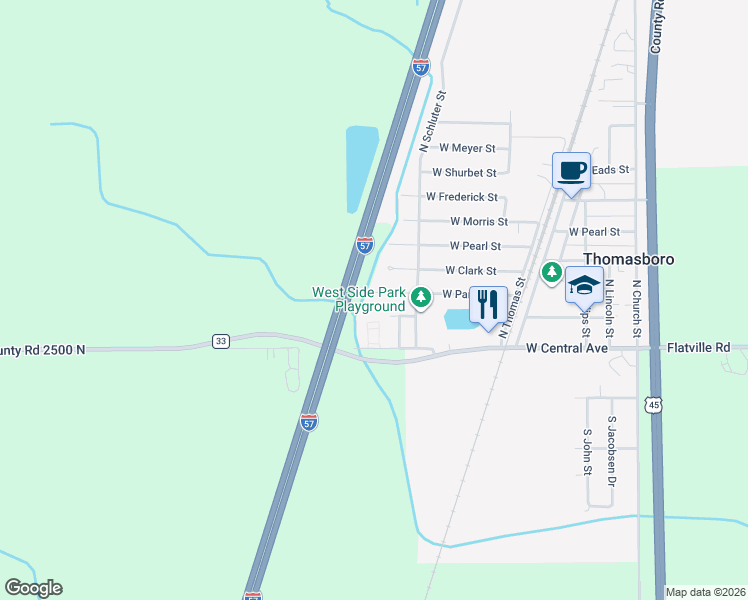 map of restaurants, bars, coffee shops, grocery stores, and more near 709 West Park Street in Thomasboro