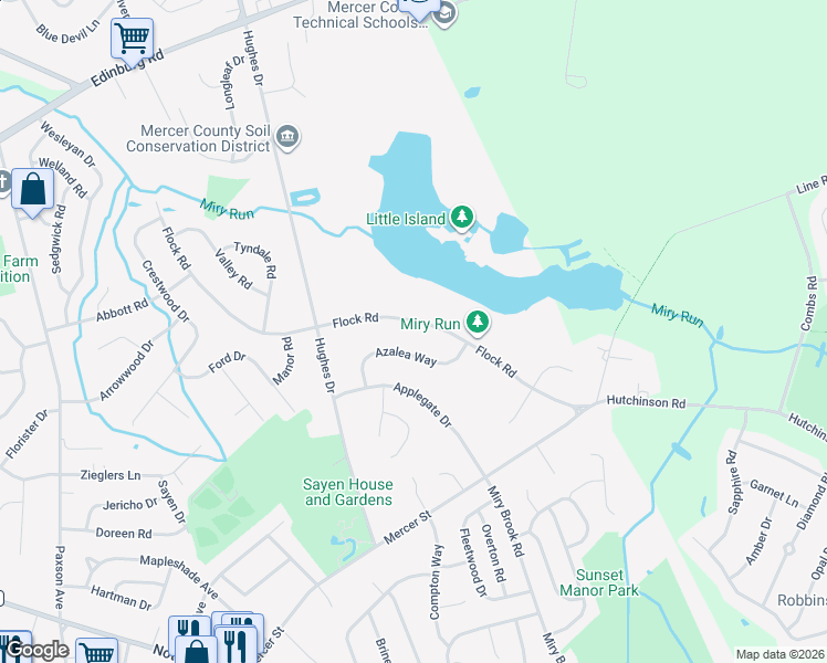 map of restaurants, bars, coffee shops, grocery stores, and more near 597 Flock Road in Trenton