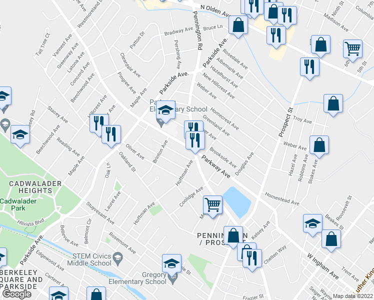 map of restaurants, bars, coffee shops, grocery stores, and more near 327 Parkway Avenue in Trenton