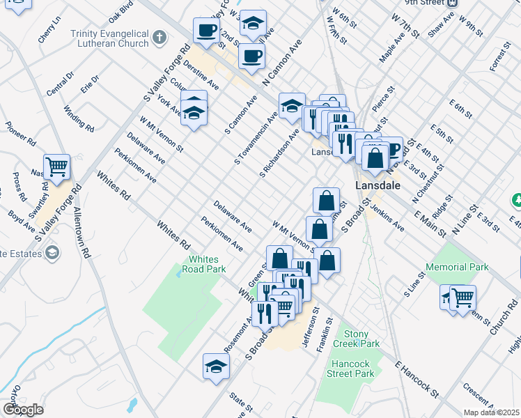 map of restaurants, bars, coffee shops, grocery stores, and more near 337 West Mount Vernon Street in Lansdale