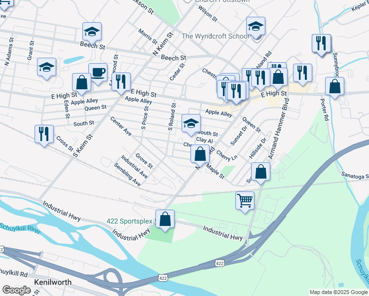 map of restaurants, bars, coffee shops, grocery stores, and more near 1240 Cherry Street in Pottstown