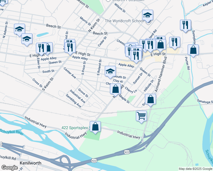 map of restaurants, bars, coffee shops, grocery stores, and more near 1240 Cherry Street in Pottstown