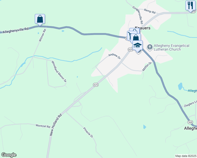 map of restaurants, bars, coffee shops, grocery stores, and more near 4527 New Holland Road in Mohnton