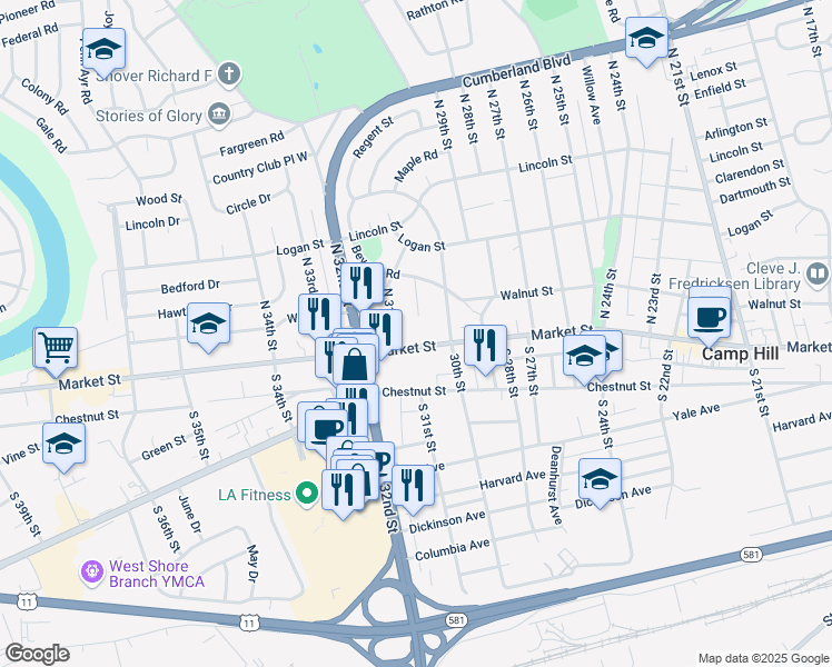 map of restaurants, bars, coffee shops, grocery stores, and more near 3028 Market Street in Camp Hill