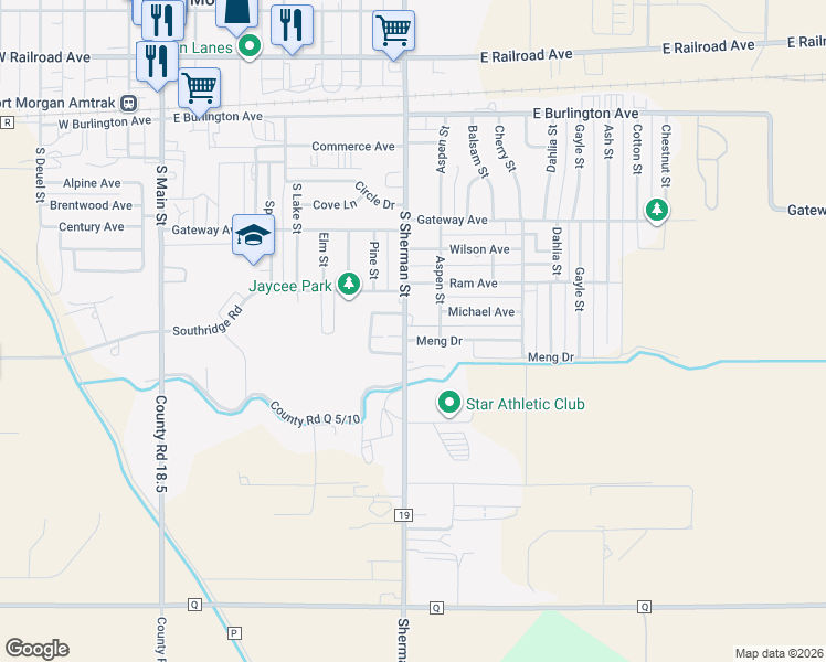 map of restaurants, bars, coffee shops, grocery stores, and more near 721 Meng Drive in Fort Morgan