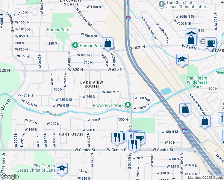 map of restaurants, bars, coffee shops, grocery stores, and more near 2216 W 480 N in Provo