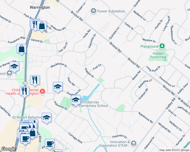 map of restaurants, bars, coffee shops, grocery stores, and more near 2045 Dapple Drive in Warrington