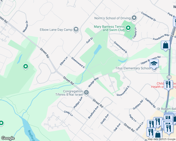 map of restaurants, bars, coffee shops, grocery stores, and more near 2457 Greensward South in Warrington