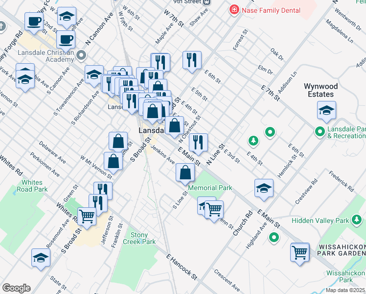 map of restaurants, bars, coffee shops, grocery stores, and more near 54 Pennsylvania 63 in Lansdale