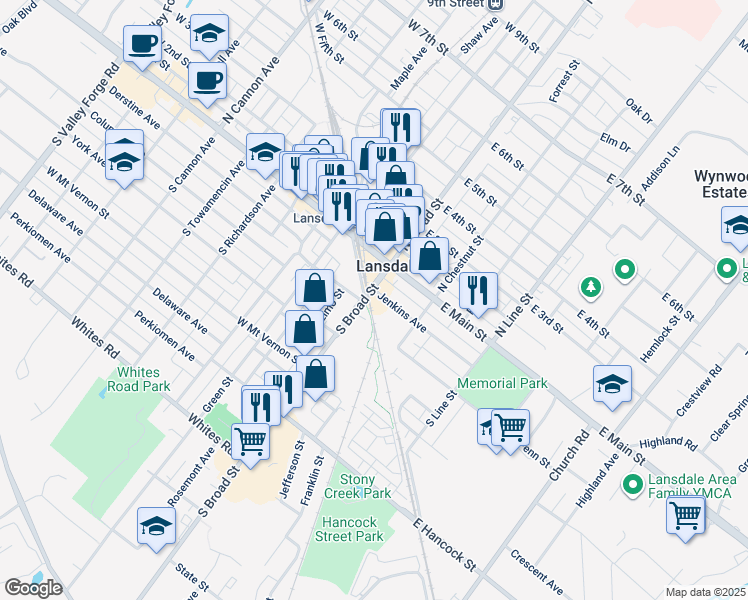 map of restaurants, bars, coffee shops, grocery stores, and more near 100 South Broad Street in Lansdale