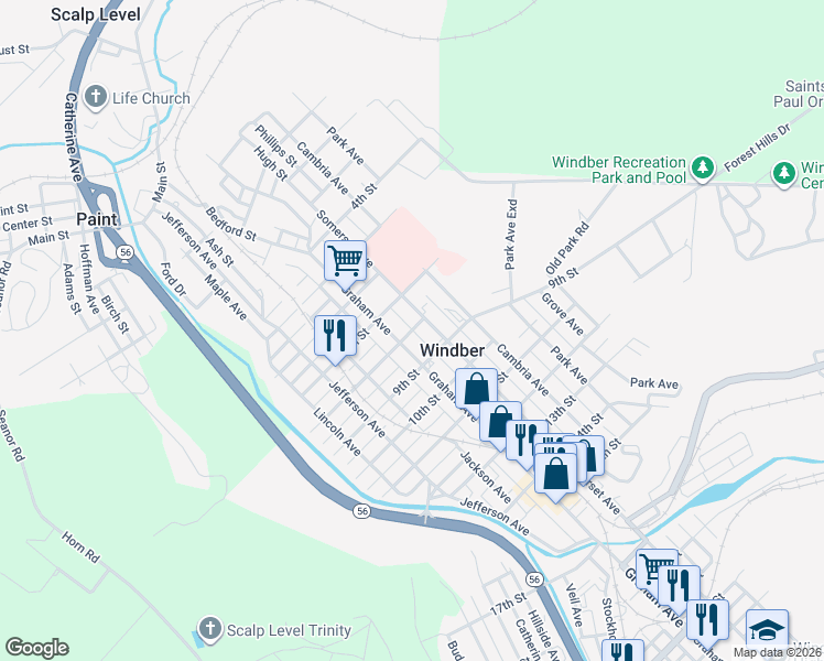 map of restaurants, bars, coffee shops, grocery stores, and more near 713 Graham Avenue in Windber