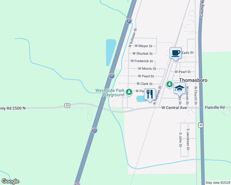 map of restaurants, bars, coffee shops, grocery stores, and more near 709 West Park Street in Thomasboro