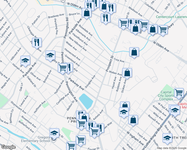 map of restaurants, bars, coffee shops, grocery stores, and more near 100 Greenland Avenue in Ewing Township