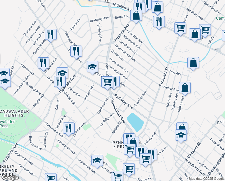 map of restaurants, bars, coffee shops, grocery stores, and more near 1000 Pennington Road in Trenton