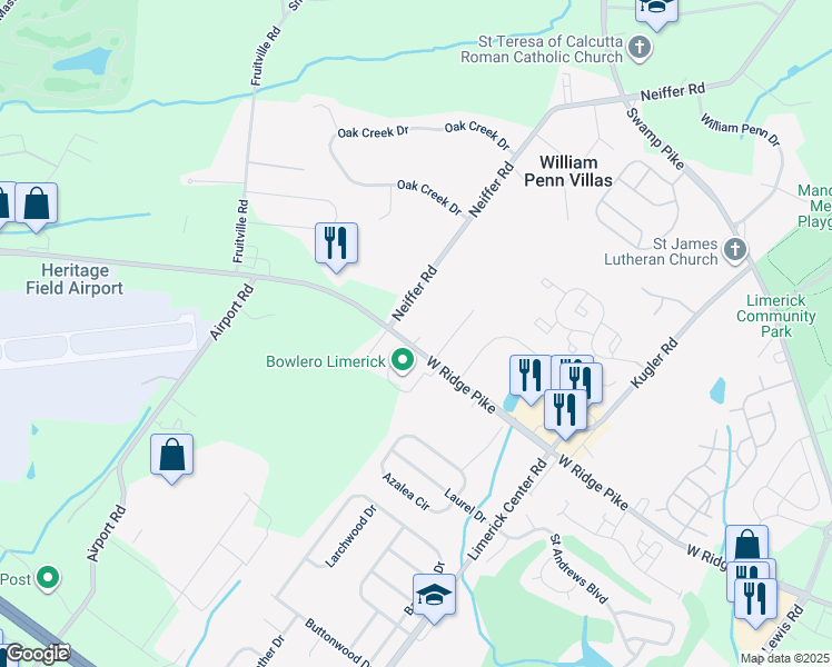 map of restaurants, bars, coffee shops, grocery stores, and more near 660 West Ridge Pike in Royersford
