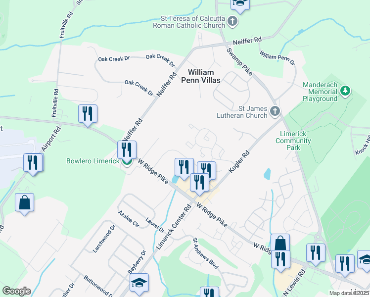 map of restaurants, bars, coffee shops, grocery stores, and more near 87 Forrest Court in Royersford