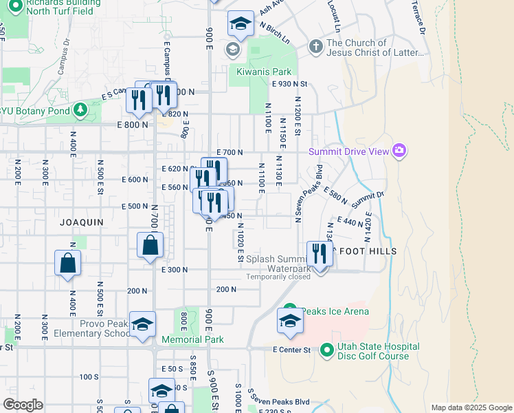 map of restaurants, bars, coffee shops, grocery stores, and more near 485 North 1100 East in Provo