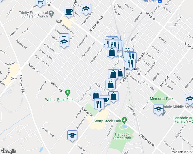 map of restaurants, bars, coffee shops, grocery stores, and more near 224 Susquehanna Avenue in Lansdale