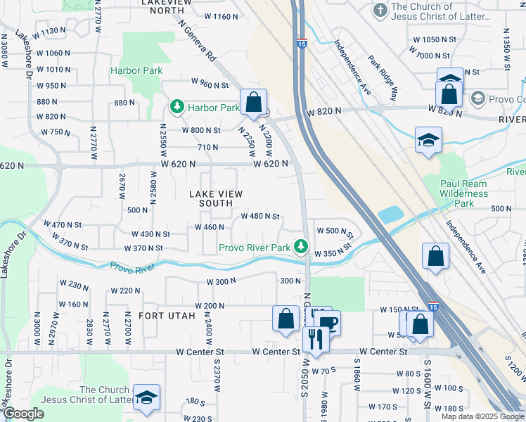 map of restaurants, bars, coffee shops, grocery stores, and more near 2216 W 480 N in Provo