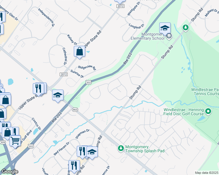 map of restaurants, bars, coffee shops, grocery stores, and more near 140 Polo Drive in North Wales