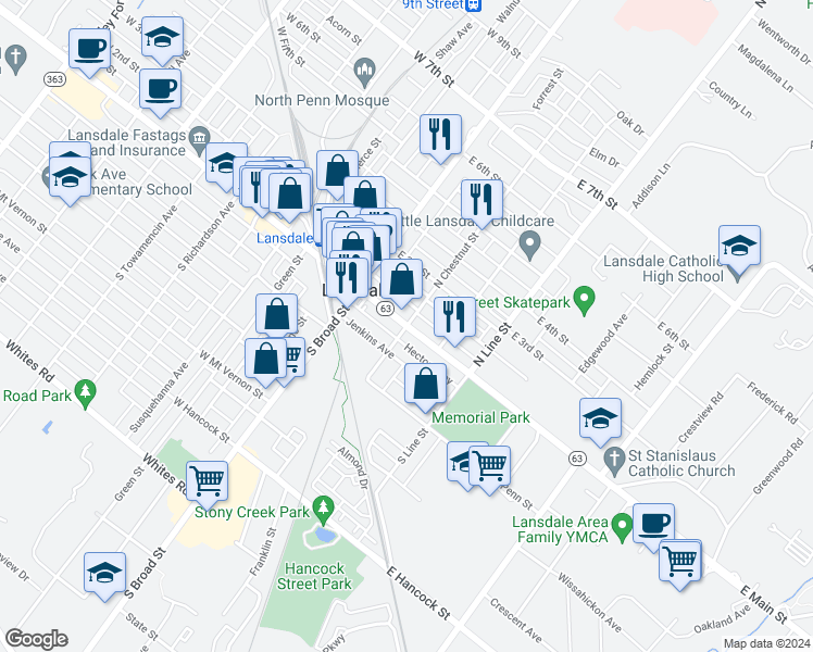 map of restaurants, bars, coffee shops, grocery stores, and more near 80 East Main Street in Lansdale