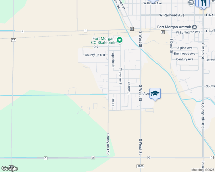 map of restaurants, bars, coffee shops, grocery stores, and more near 16547 County Road 17.7 in Fort Morgan