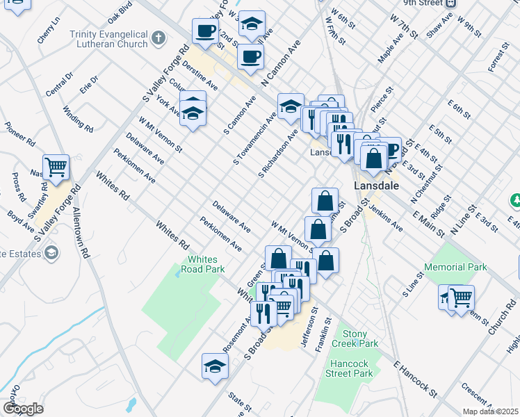 map of restaurants, bars, coffee shops, grocery stores, and more near 337 West Mount Vernon Street in Lansdale
