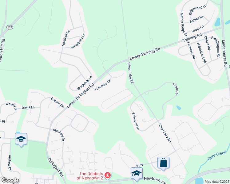 map of restaurants, bars, coffee shops, grocery stores, and more near 57 Copperleaf Drive in Newtown