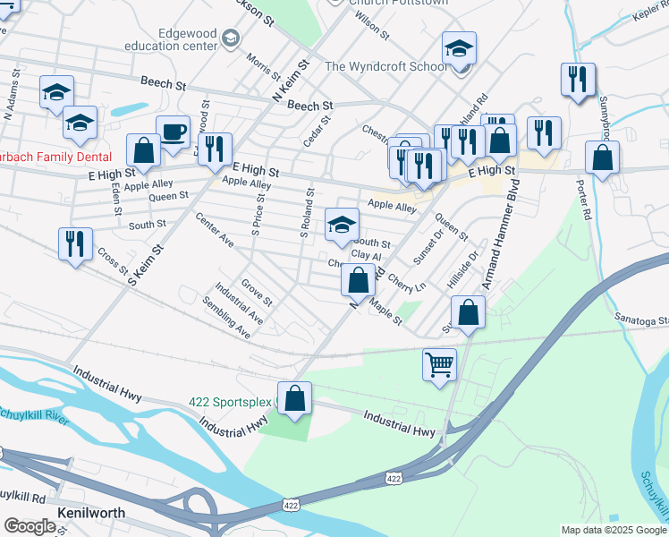 map of restaurants, bars, coffee shops, grocery stores, and more near 1246 Cherry Street in Pottstown