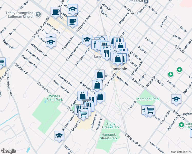 map of restaurants, bars, coffee shops, grocery stores, and more near 137 Green Street in Lansdale